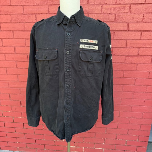 Harley Davidson Button Up Shirt Black Patchwork Motorcycle Graphic Mens Large - Picture 1 of 7